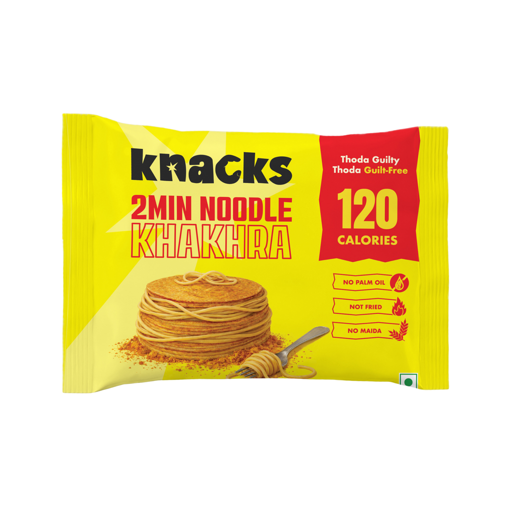 Knacks 2Min Noodle Khakhra 120 calories pack front, low calorie baked snack, no palm oil, not fried, zero maida