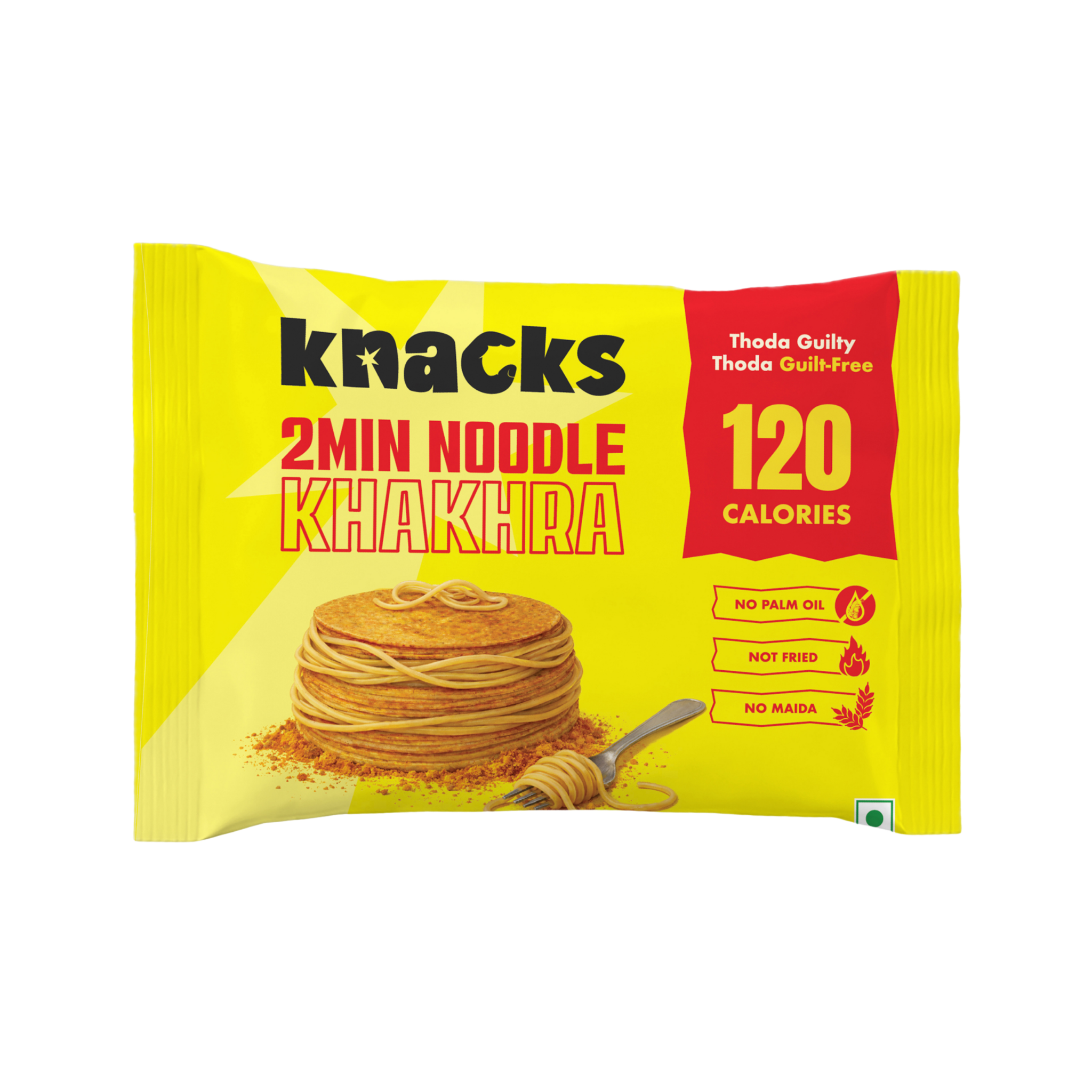 Knacks 2Min Noodle Khakhra 120 calories pack front, low calorie baked snack, no palm oil, not fried, zero maida