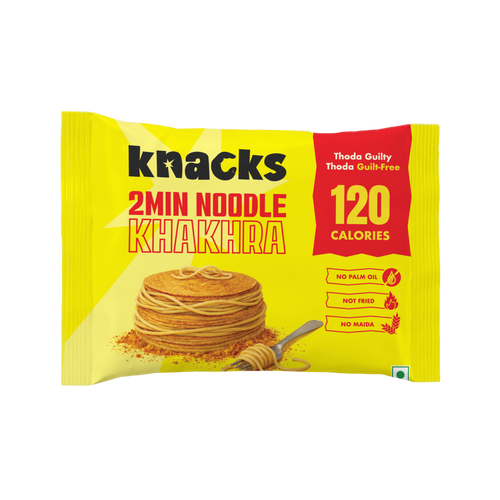 Knacks 2Min Noodle Khakhra 120 calories pack front, low calorie baked snack, no palm oil, not fried, zero maida