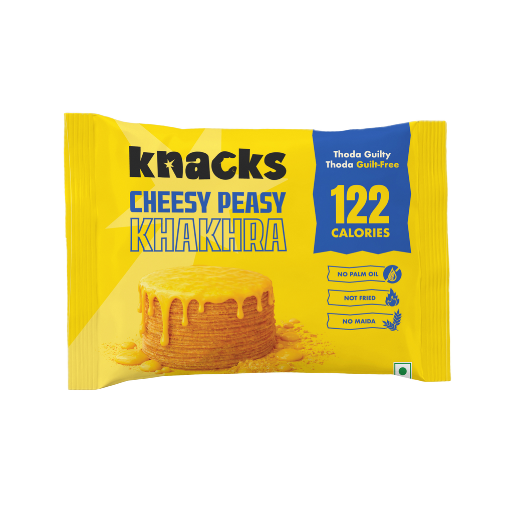 Knacks Cheesy Peasy Baked Khakhra — 122 kcal, no palm oil, no maida, whole wheat coin snack
