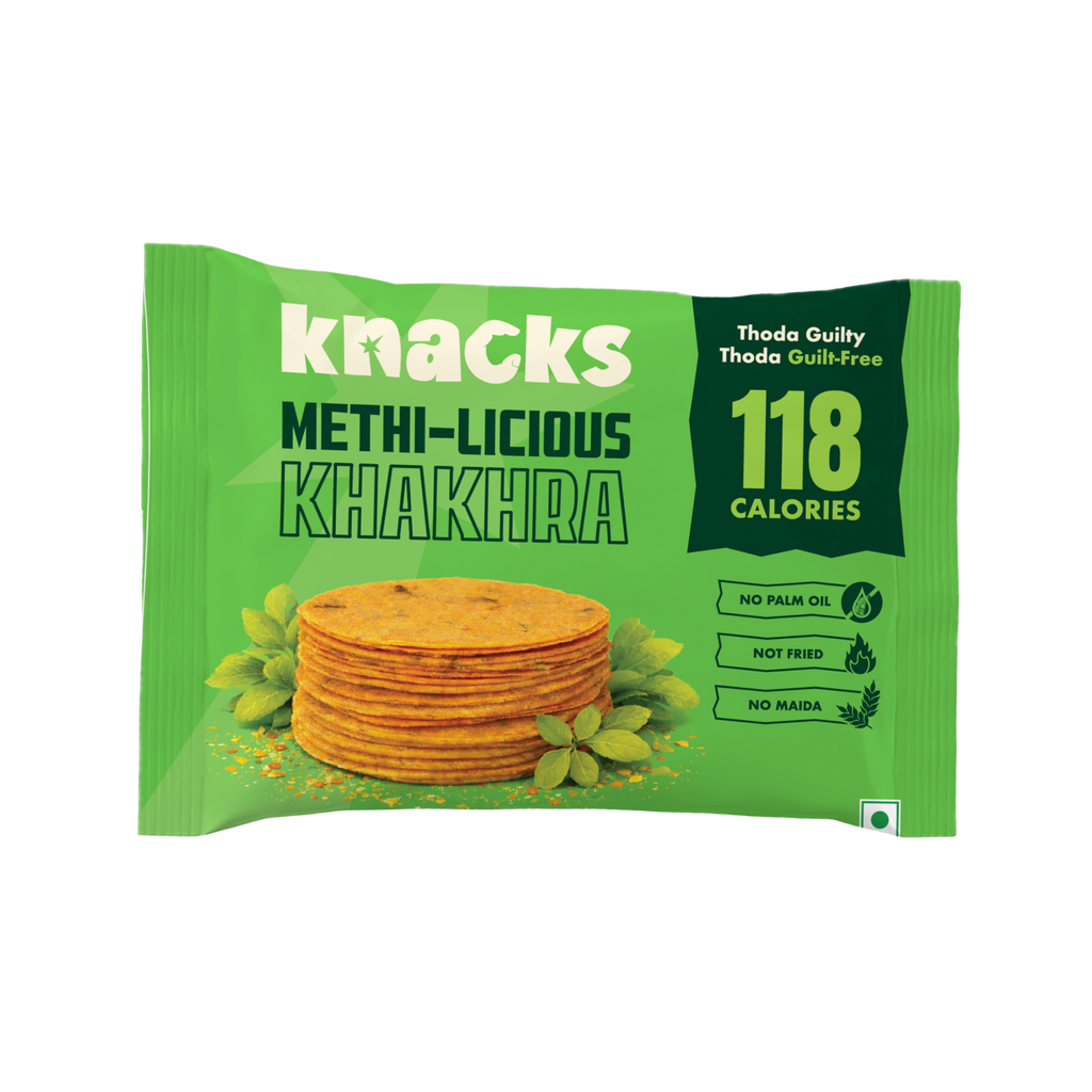 Knacks Methi-licious Baked Khakhra — 118 kcal, no palm oil, no maida, whole wheat coin snack
